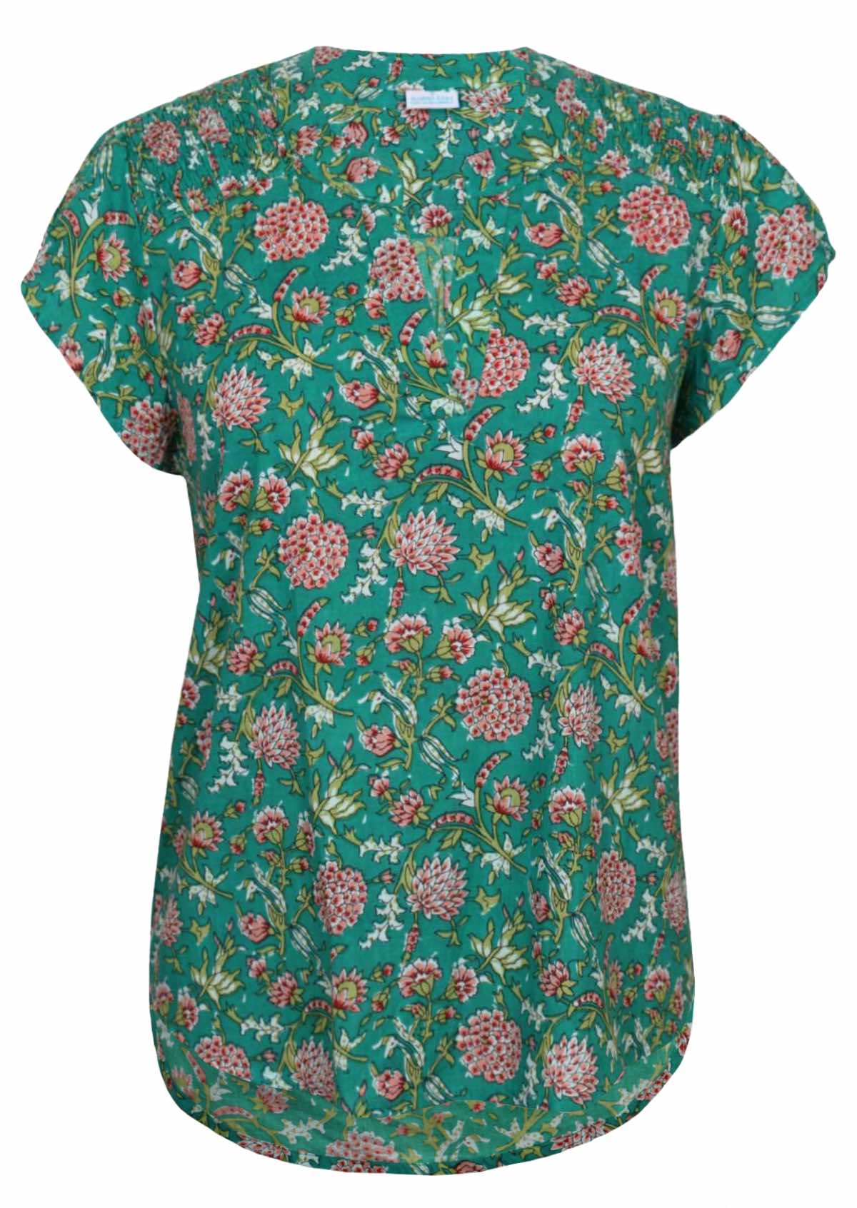 Front mannequin photo of cap sleeve cotton top with V-neckline and shirring across front of shoulders