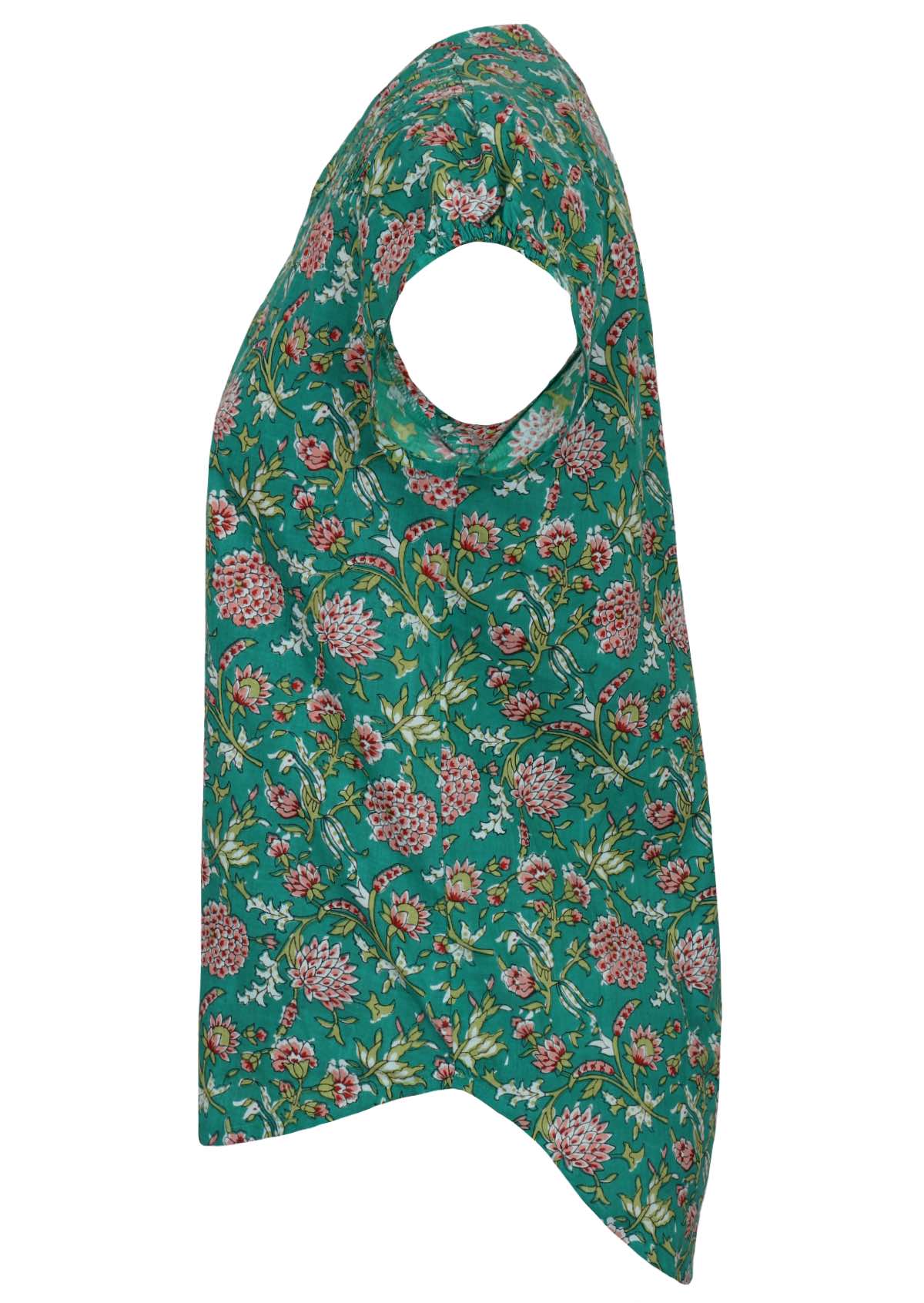 Side mannequin photo of cap sleeve cotton top that is longer at the back