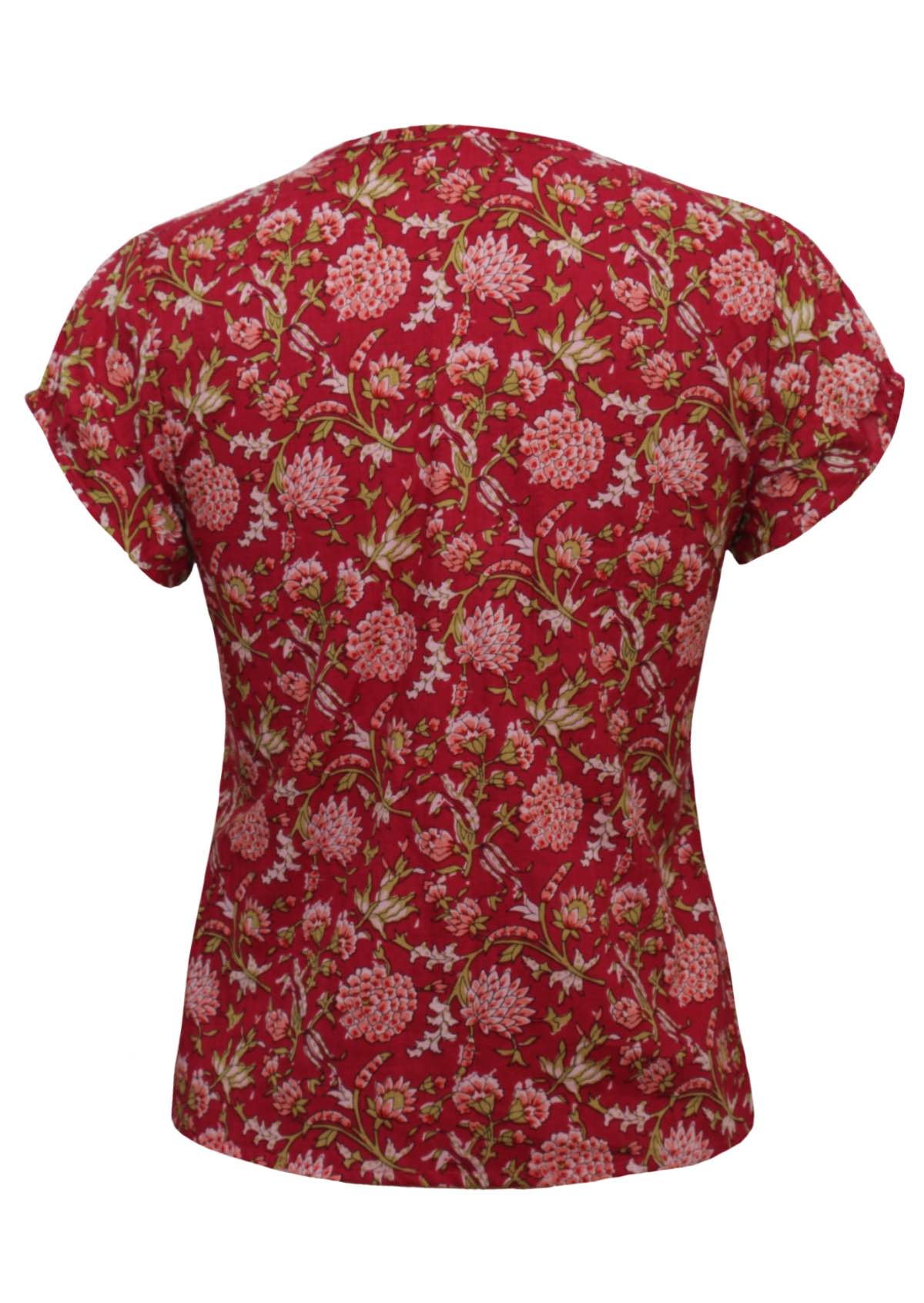 Back mannequin photo of cotton cap sleeve top in floral print on cranberry base