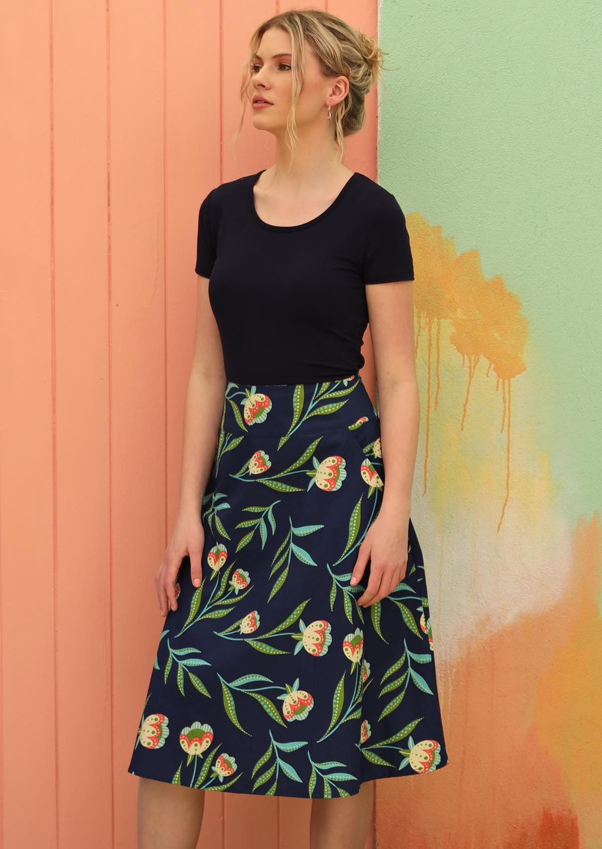 Model wears 100% cotton skirt.