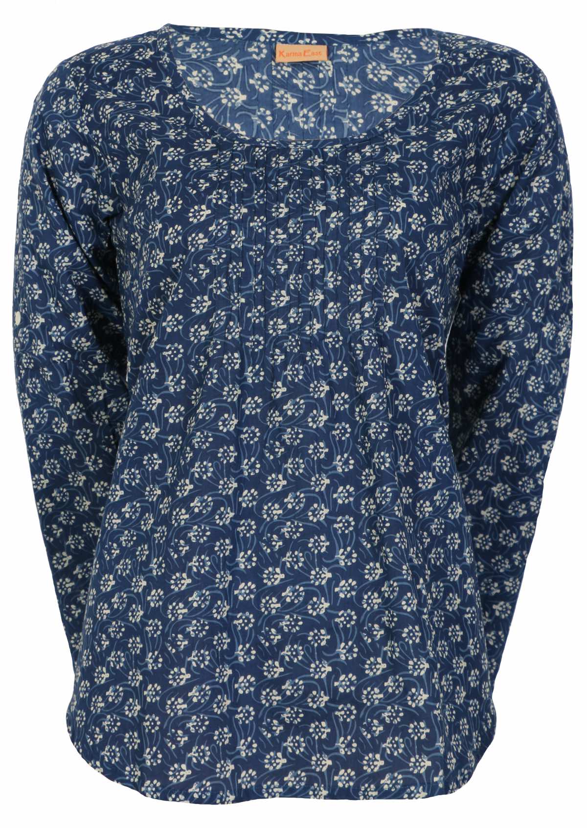 100% cotton long sleeve top with scoop neckline and decorative pleats across the centre bust