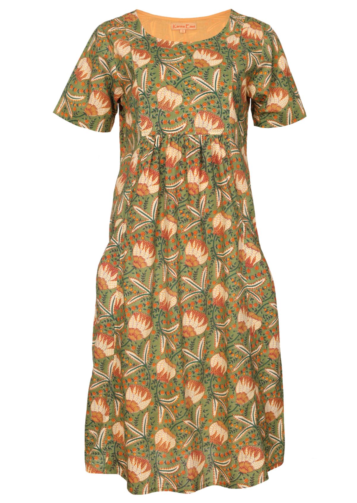 Gorgeous green, orange and yellow floral print cotton dress