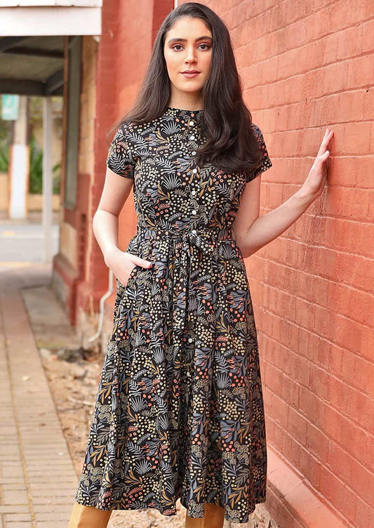 50's style cotton maxi button through dress in native floral print on black base