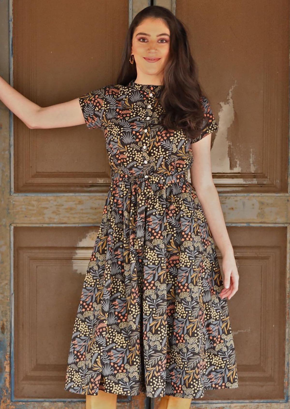 Gorgeous native floral print on black base 50's style cotton dress