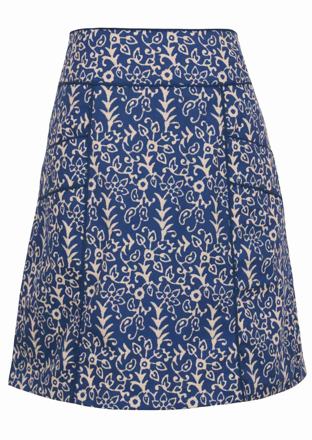 100% cotton above knee skirt with piped details, pockets and beautiful white florals on blue base.