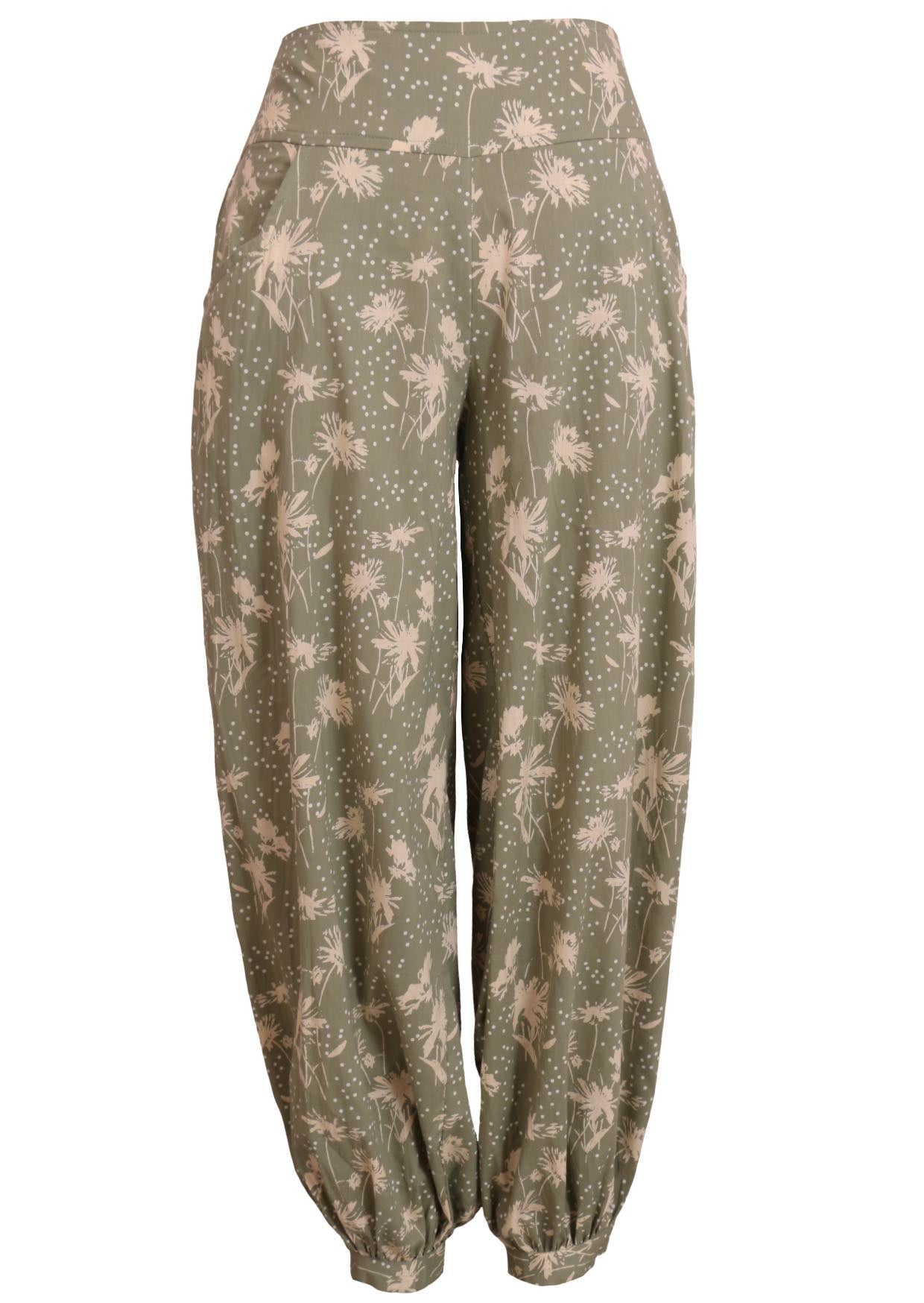 Front mannequin photo of cotton harem pants with buttoned ankle, wide flat front waistband and pockets