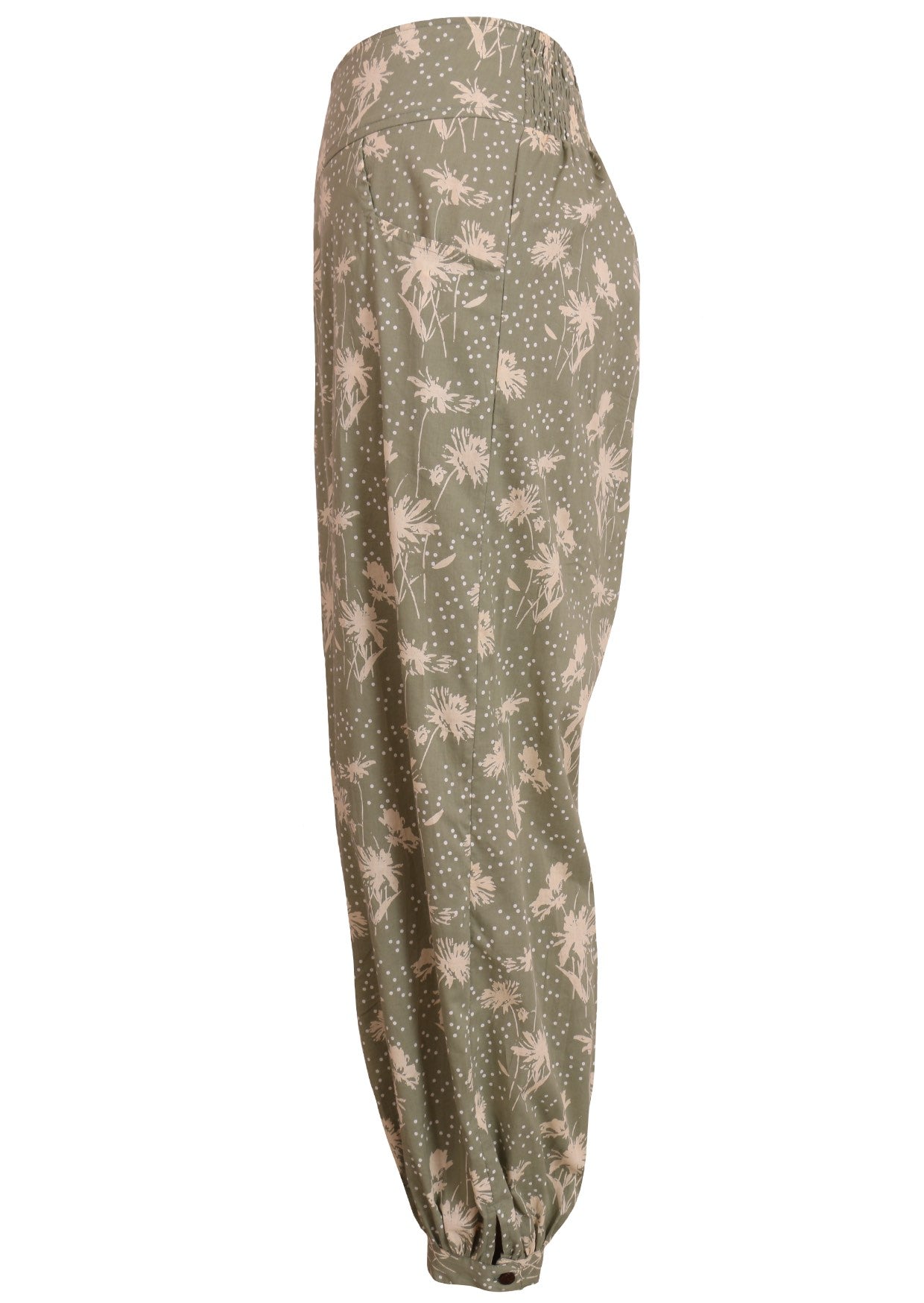 Side mannequin photo of cotton harem pants with buttoned ankle, wide waistband and pockets