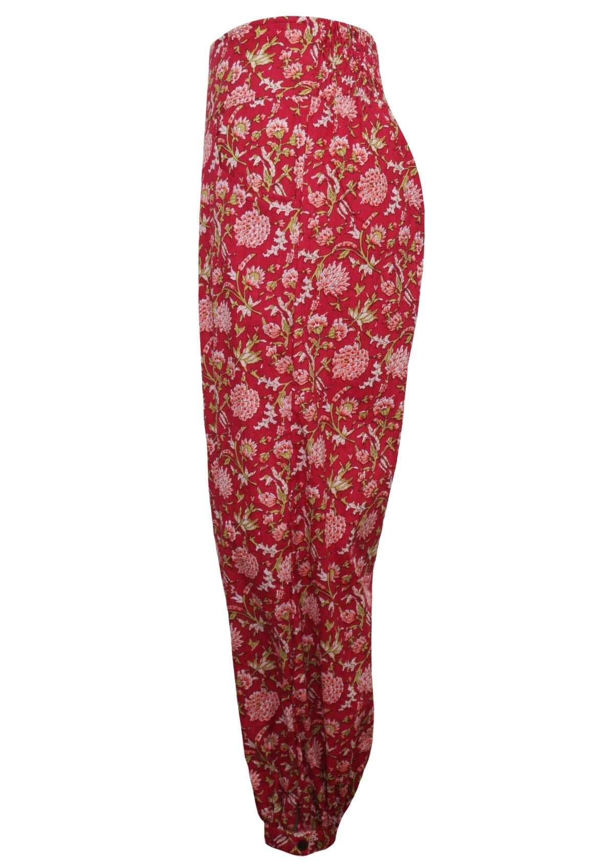 Side mannequin photo of red based floral print cotton harem pants with pockets