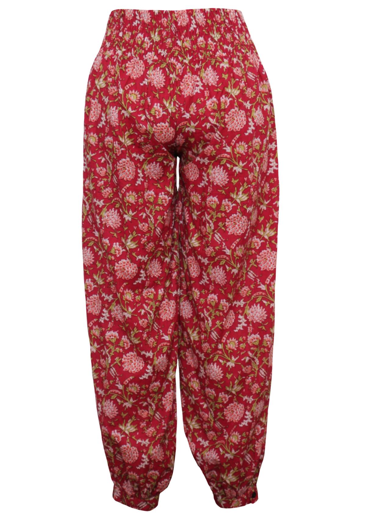 Back mannequin photo of red based floral print cotton harem pants with buttoned  ankle