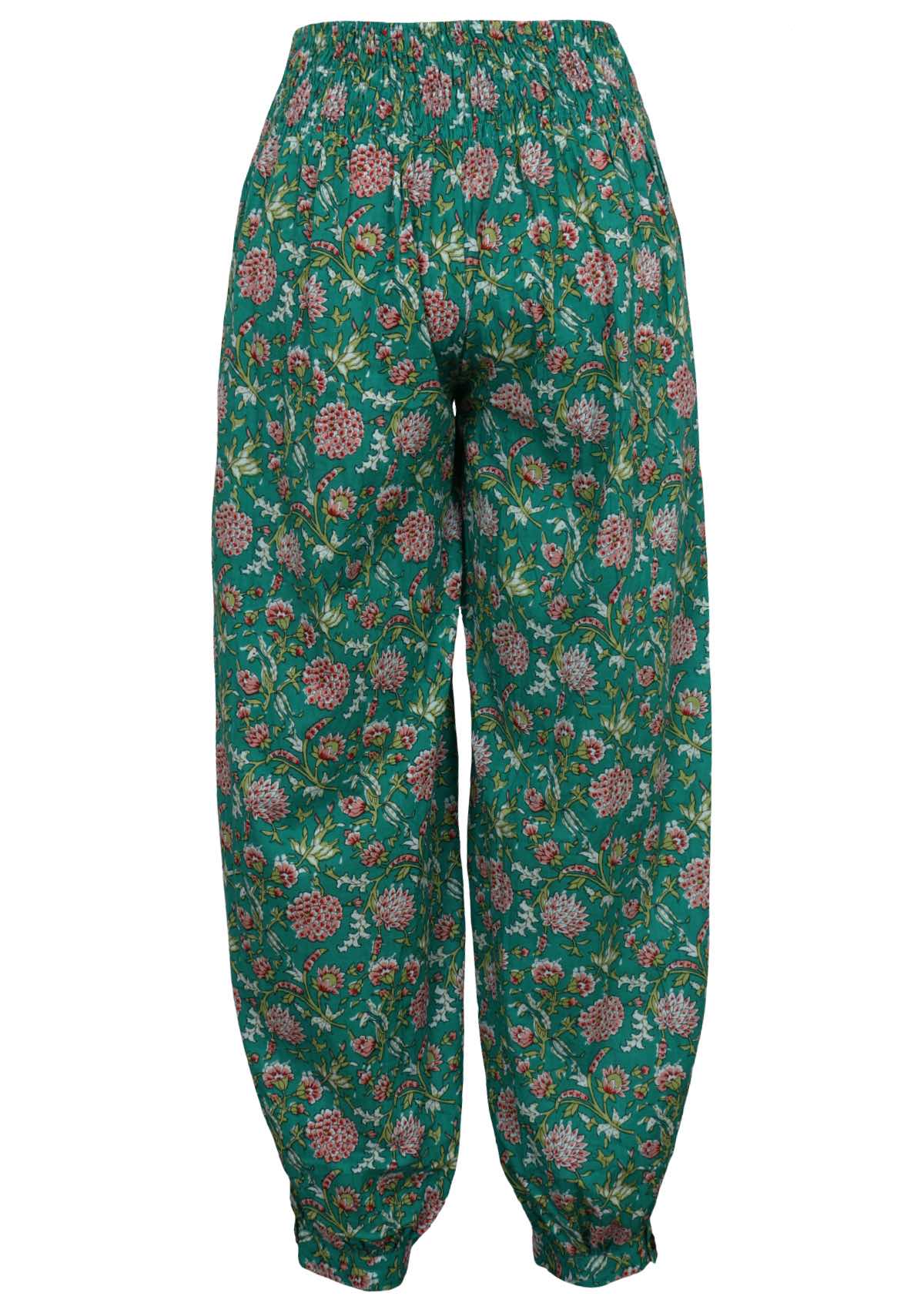 Back mannequin photo of jade green based floral print cotton harem pants with buttoned ankle