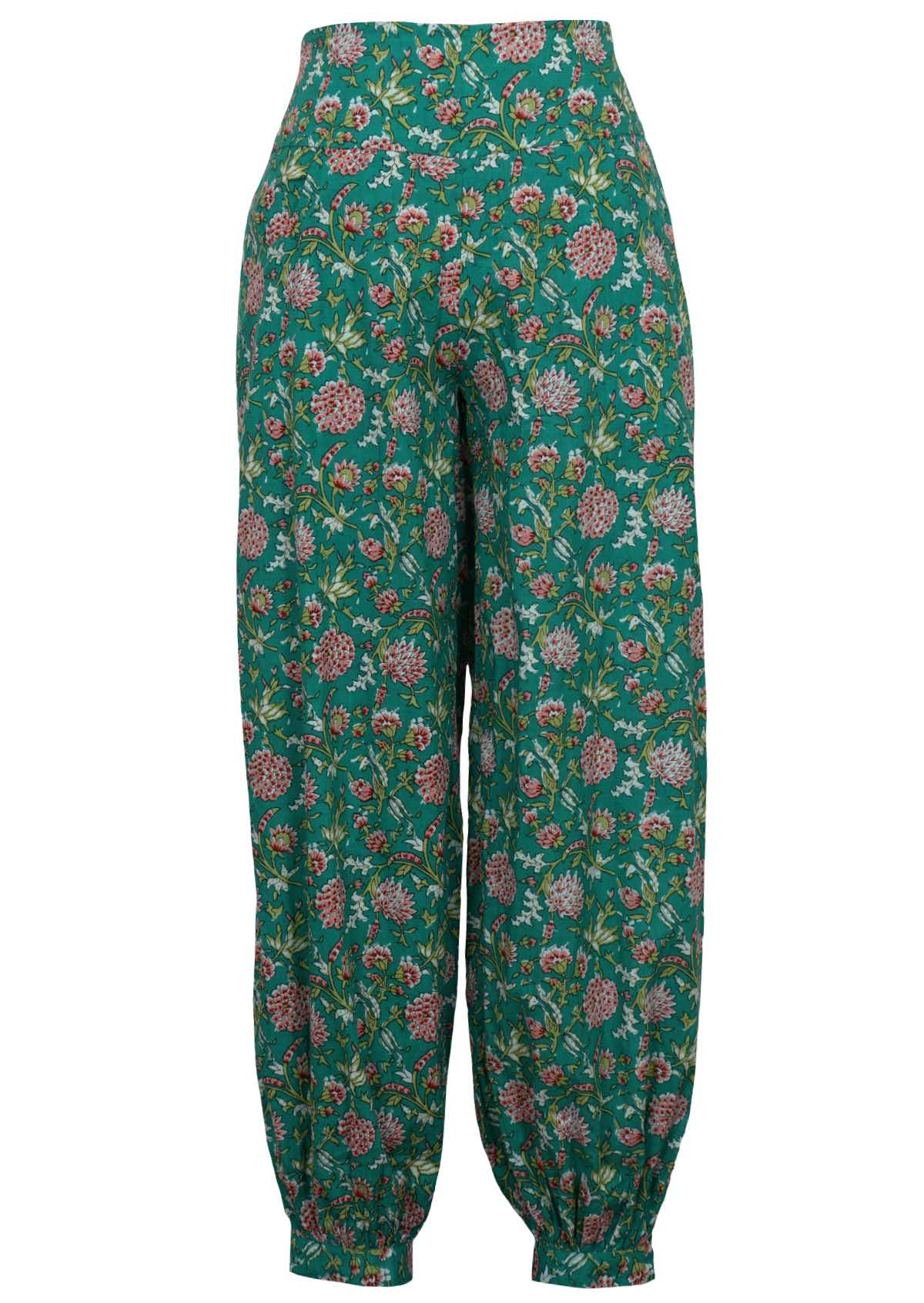 Front mannequin photo of jade green based floral print cotton harem pants with pockets