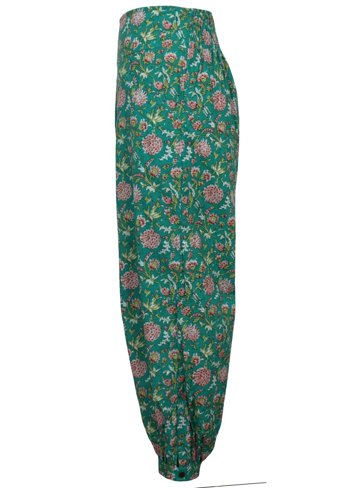 Side mannequin photo of jade green based floral print cotton harem pants with pockets