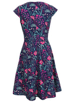  Alice Dress Dianthus back view, retro style 100% cotton navy blue floral 