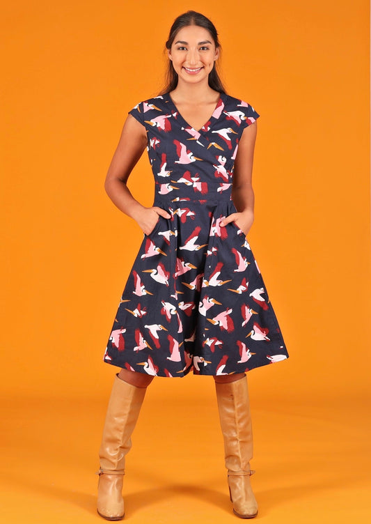 Alice Dress Percival 100% cotton retro style v-neck crossover bodice a-line skirt with pockets | Karma East Australia