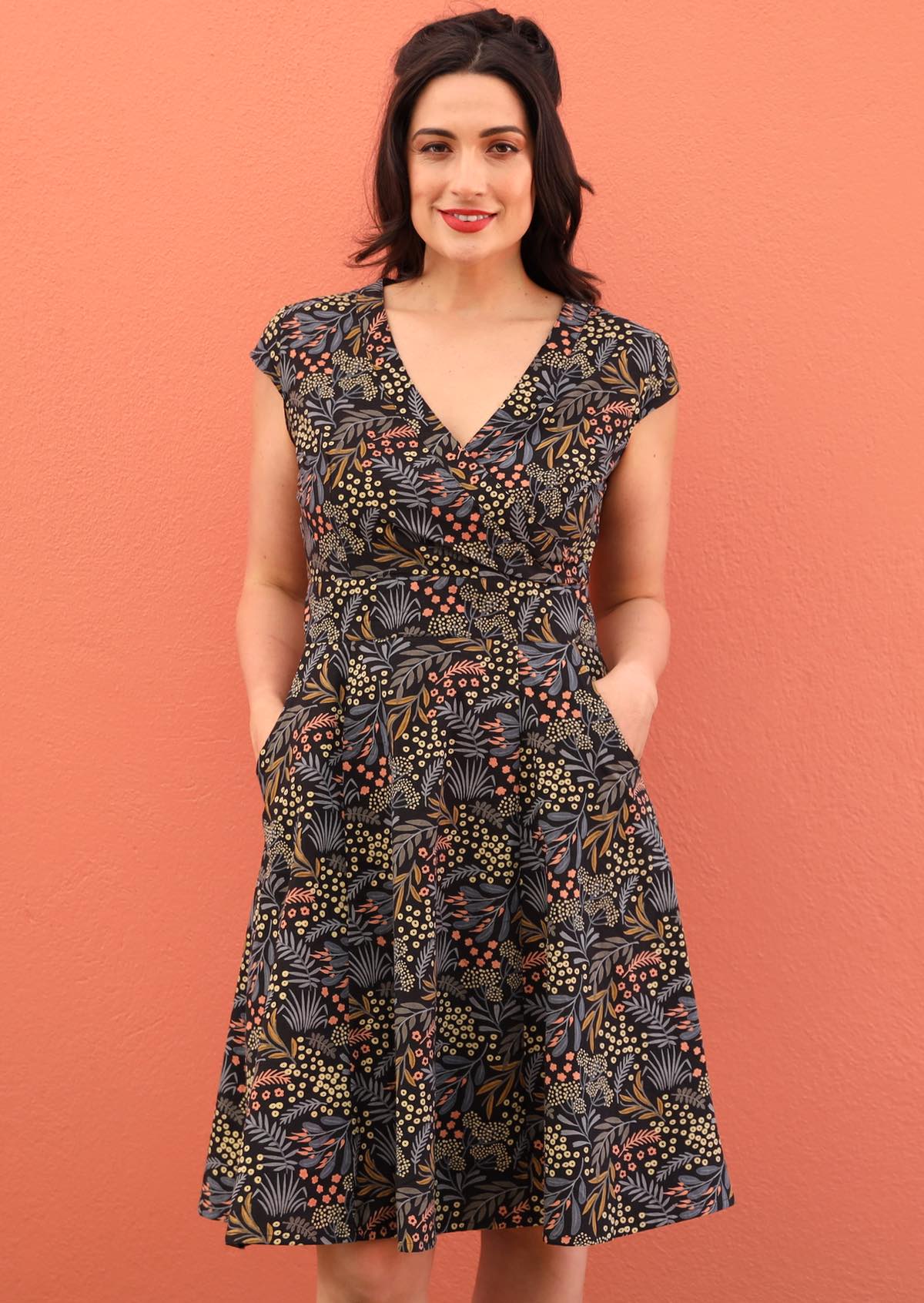 Earthy toned botanicals on a black base cotton retro style dress