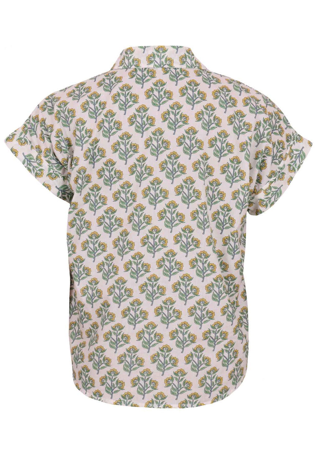 Back mannequin photo of cotton short sleeve top with collar in floral print on white base