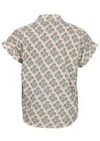 Back mannequin photo of cotton short sleeve top with collar in floral print on white base