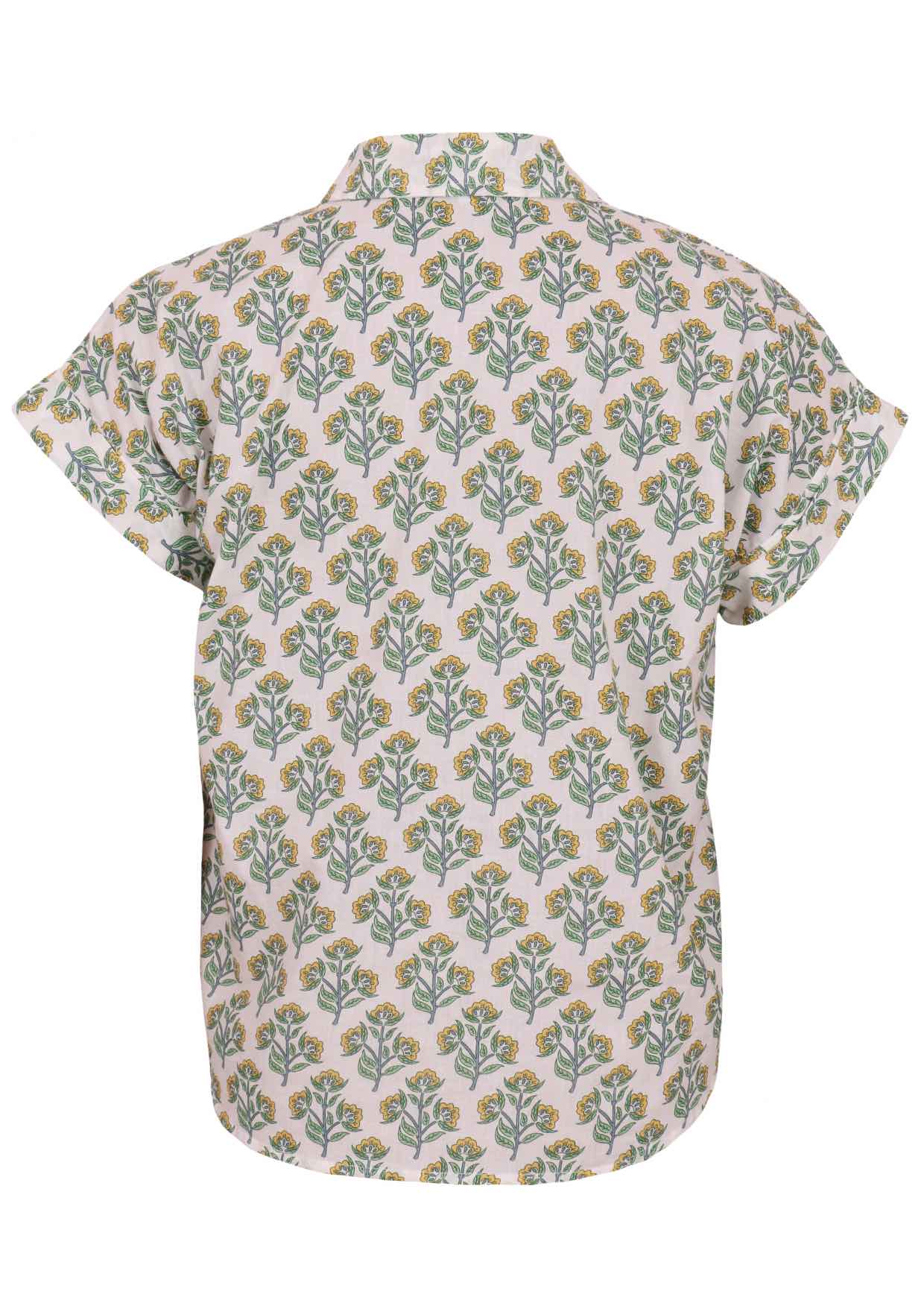 Back mannequin photo of cotton short sleeve top with collar in floral print on white base