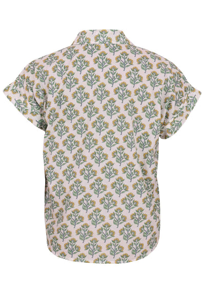 Back mannequin photo of cotton short sleeve top with collar in floral print on white base