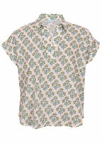 Front mannequin photo of cotton short sleeve top with collar in floral print on white base