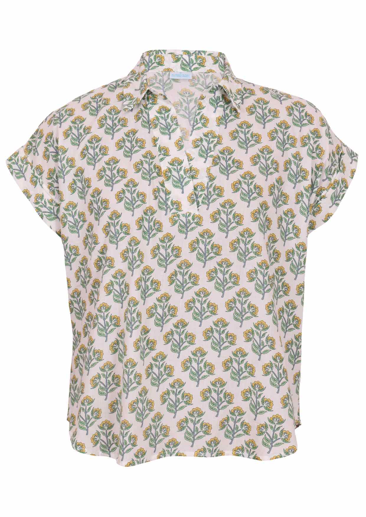 Front mannequin photo of cotton short sleeve top with collar in floral print on white base
