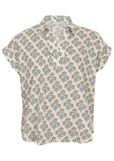 Front mannequin photo of cotton short sleeve top with collar in floral print on white base