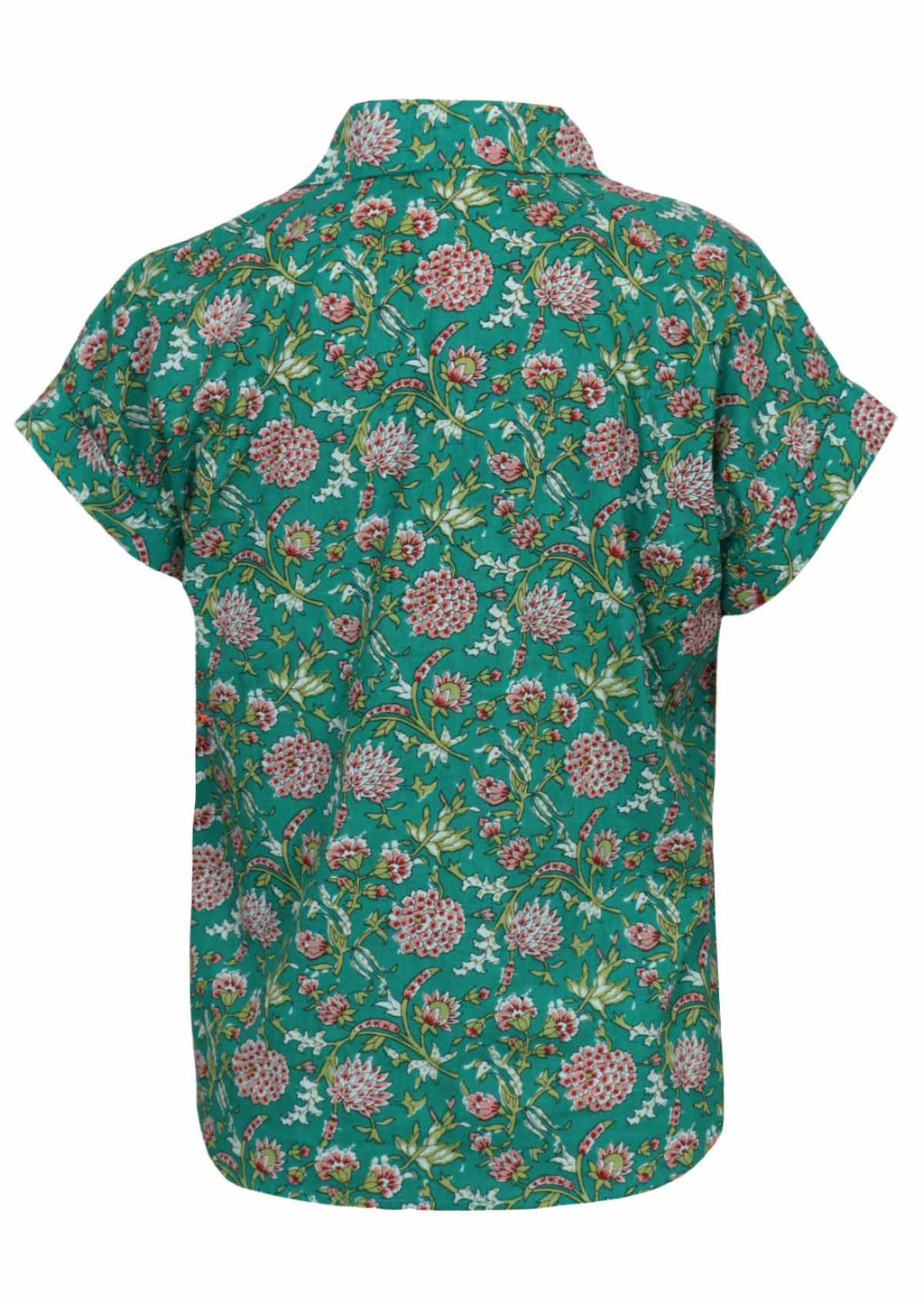Back mannequin photo of cotton relaxed fit short sleeve top with V-neckline and collar