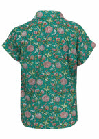 Back mannequin photo of cotton relaxed fit short sleeve top with V-neckline and collar