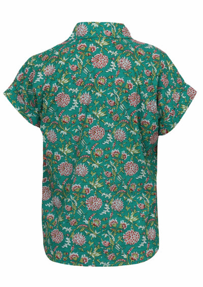 Back mannequin photo of cotton relaxed fit short sleeve top with V-neckline and collar