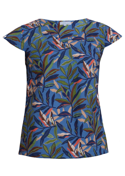 100% cotton tailored top with cap sleeves and key hole cutout in round neckline front view