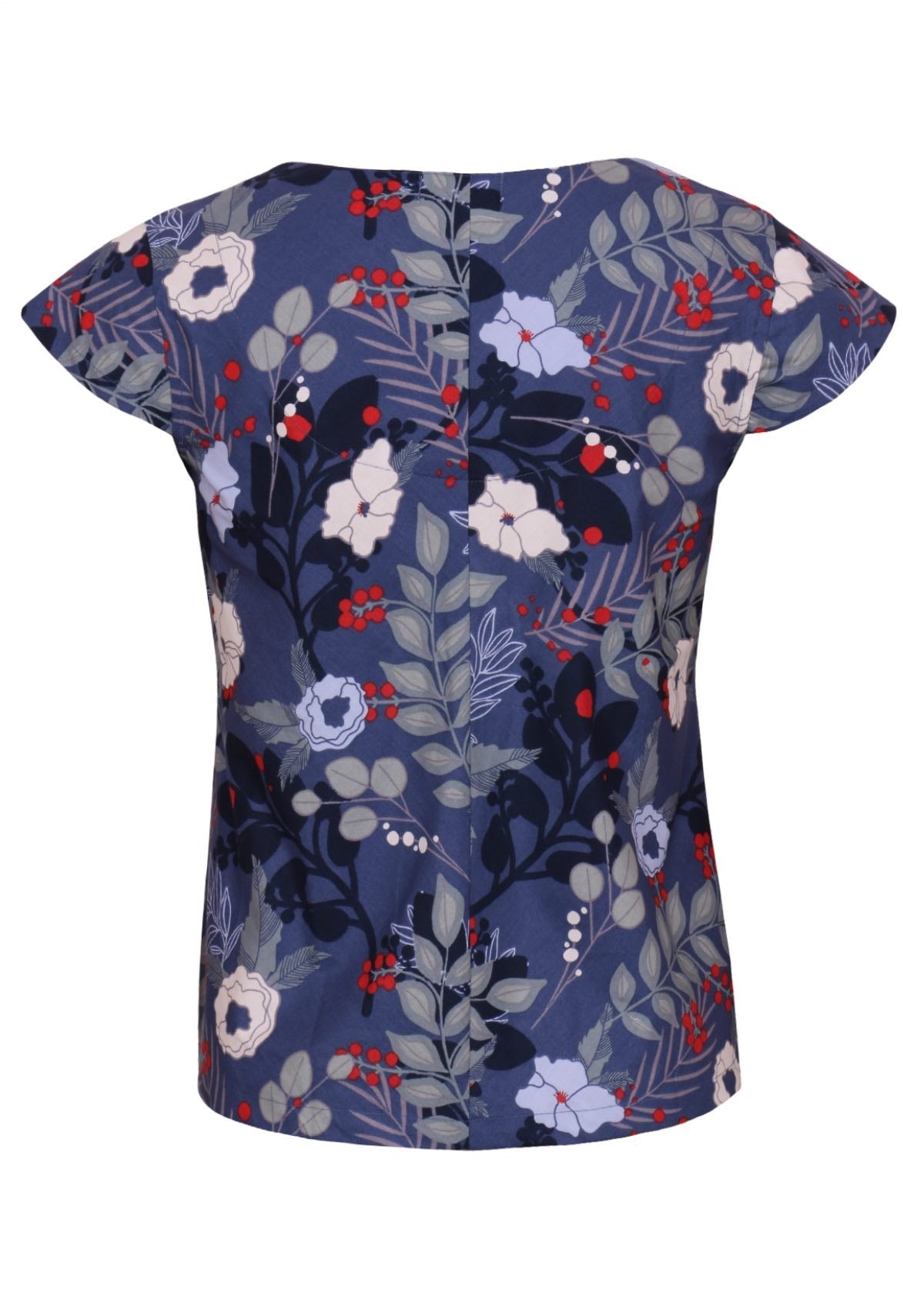 Back mannequin photo of cotton top with cap sleeves in blues, white, grey floral print with pops of red
