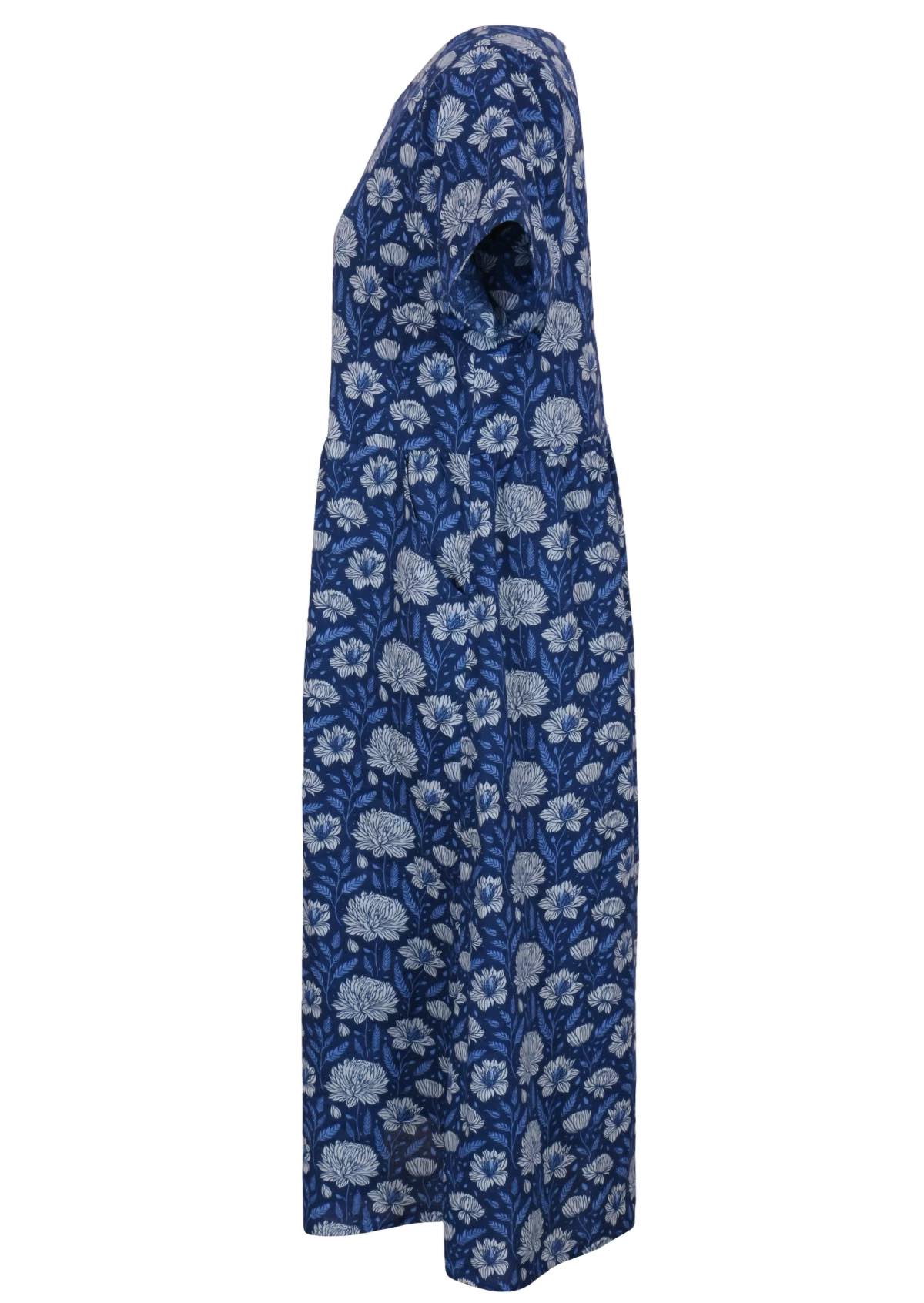 Navy blue base with pale flowers 100 percent cotton sundress side