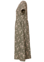 Side mannequin photo of cotton midi length short sleeve dress in green based floral print