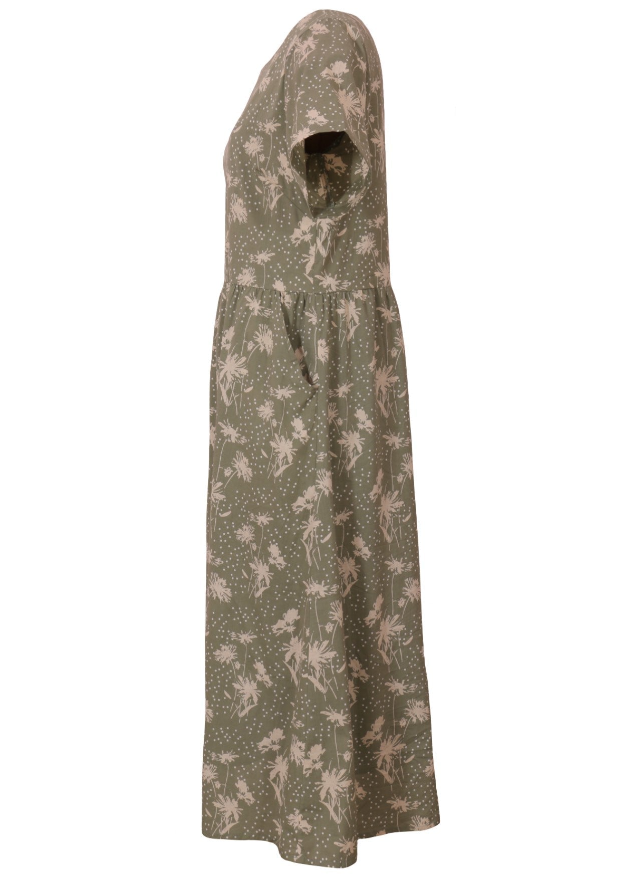 Side mannequin photo of cotton midi length short sleeve dress in green based floral print
