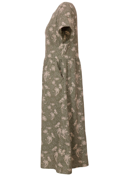 Side mannequin photo of cotton midi length short sleeve dress in green based floral print