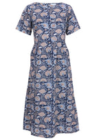 100% cotton midi length dress with short sleeves and pockets