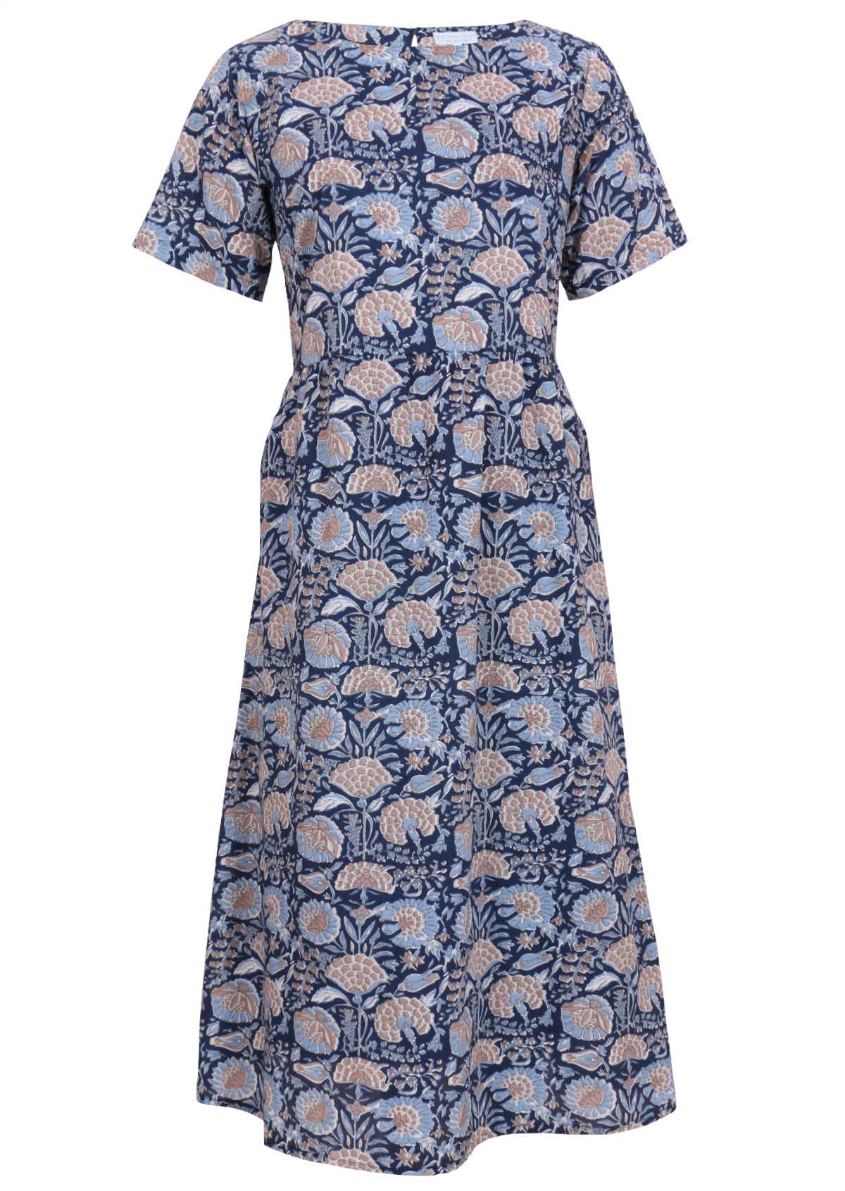 100% cotton midi length dress with short sleeves and pockets