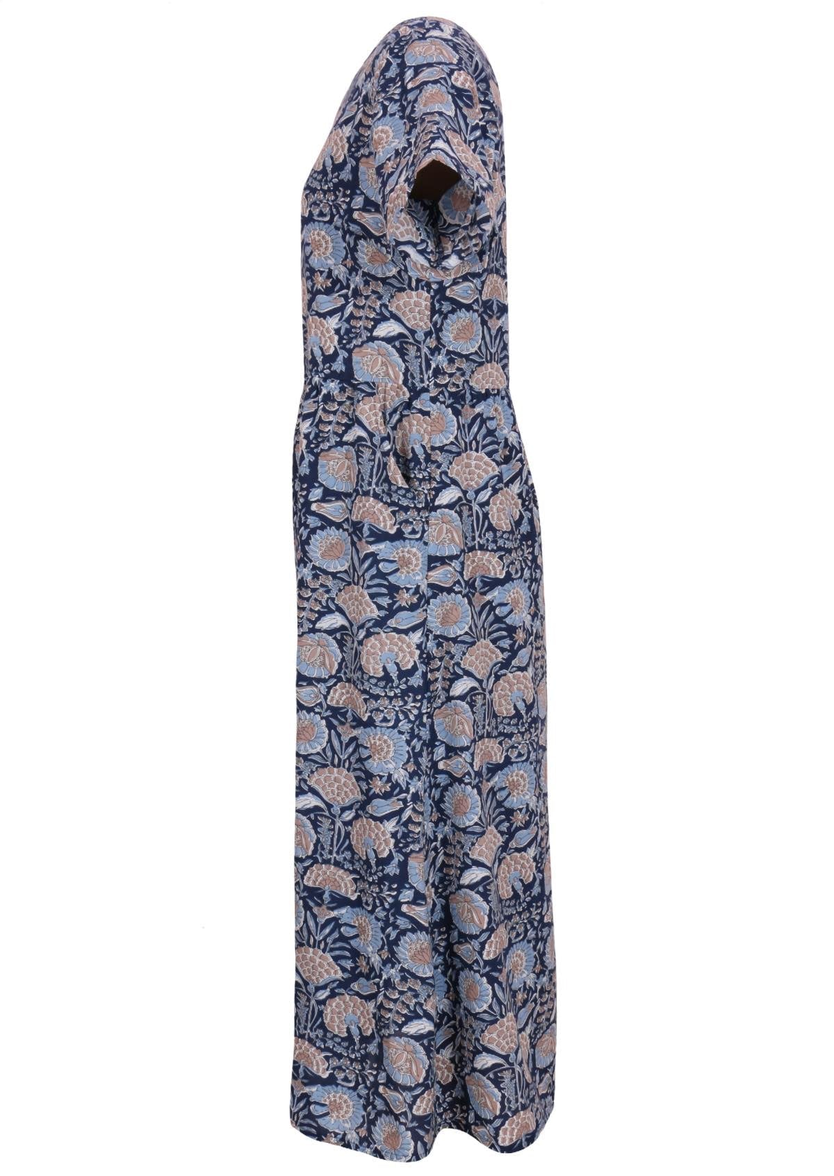 Blue and taupe floral print on dark blue base cotton calf length dress