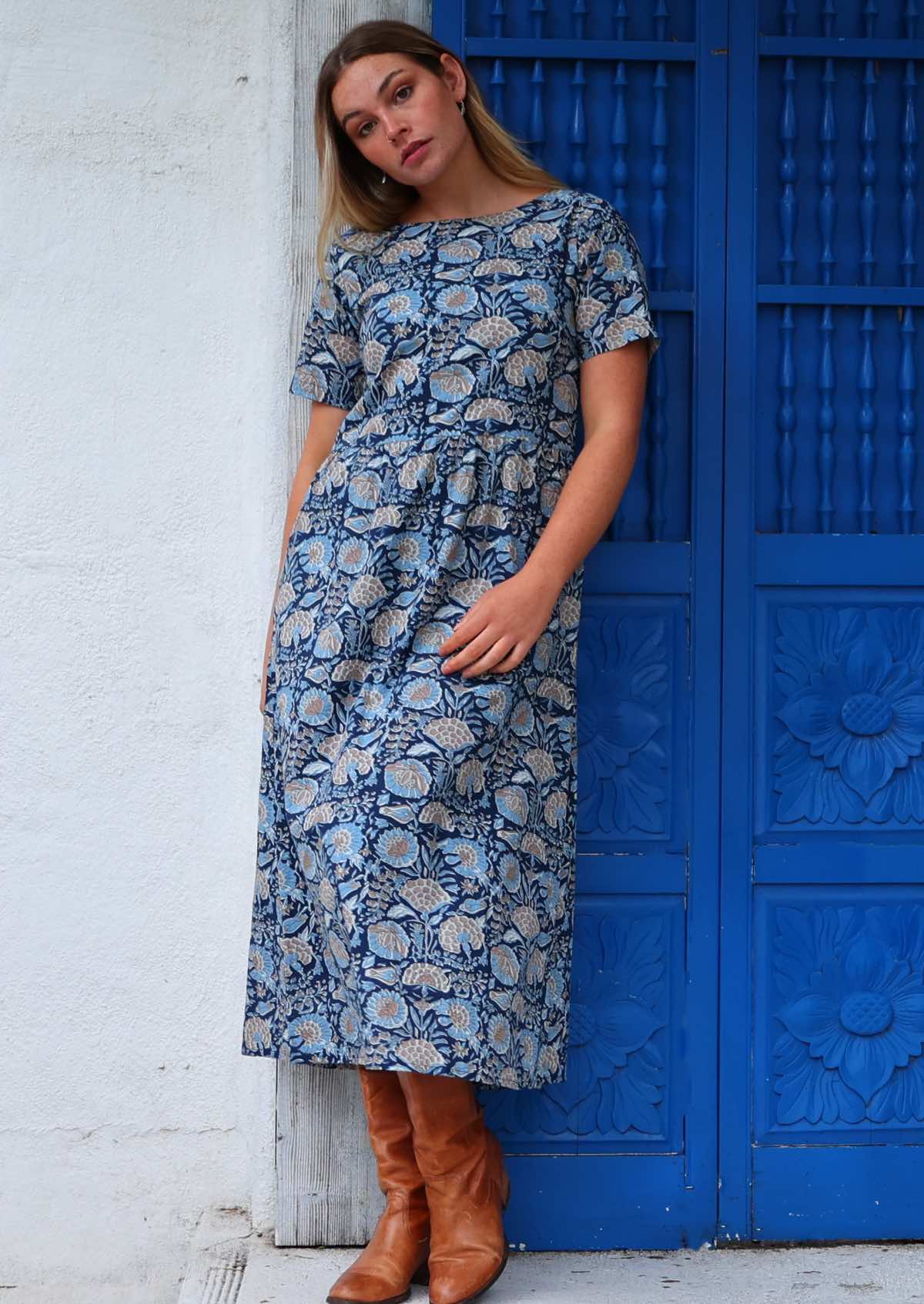 Lightweight cotton dress that is fully lined in beautiful blue based floral print