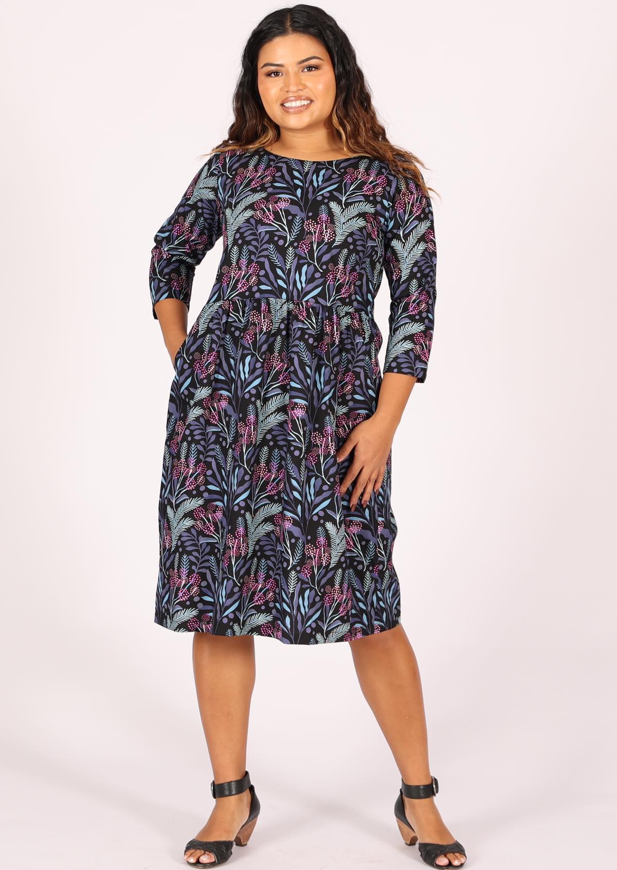 Relaxed fit cotton dress with high round neckline