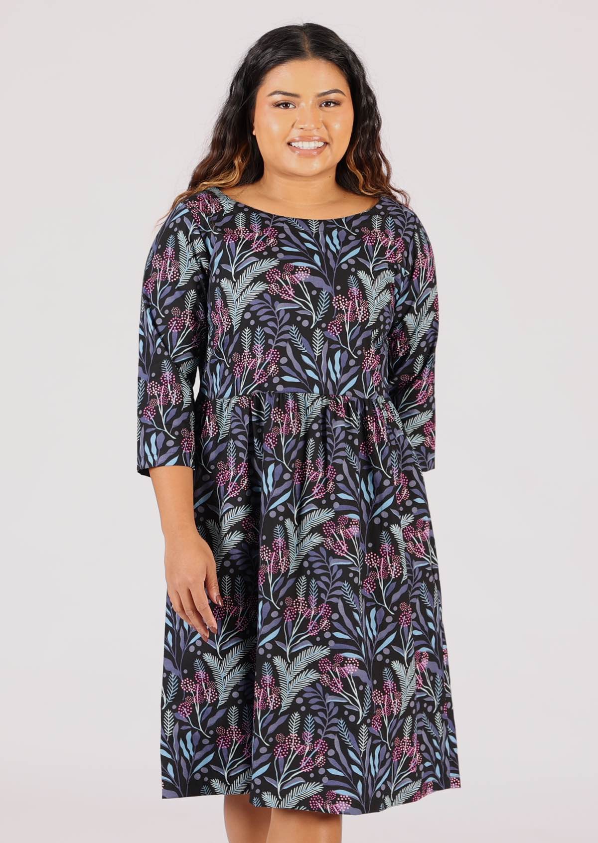 Black base floral print in pink and blues cotton dress