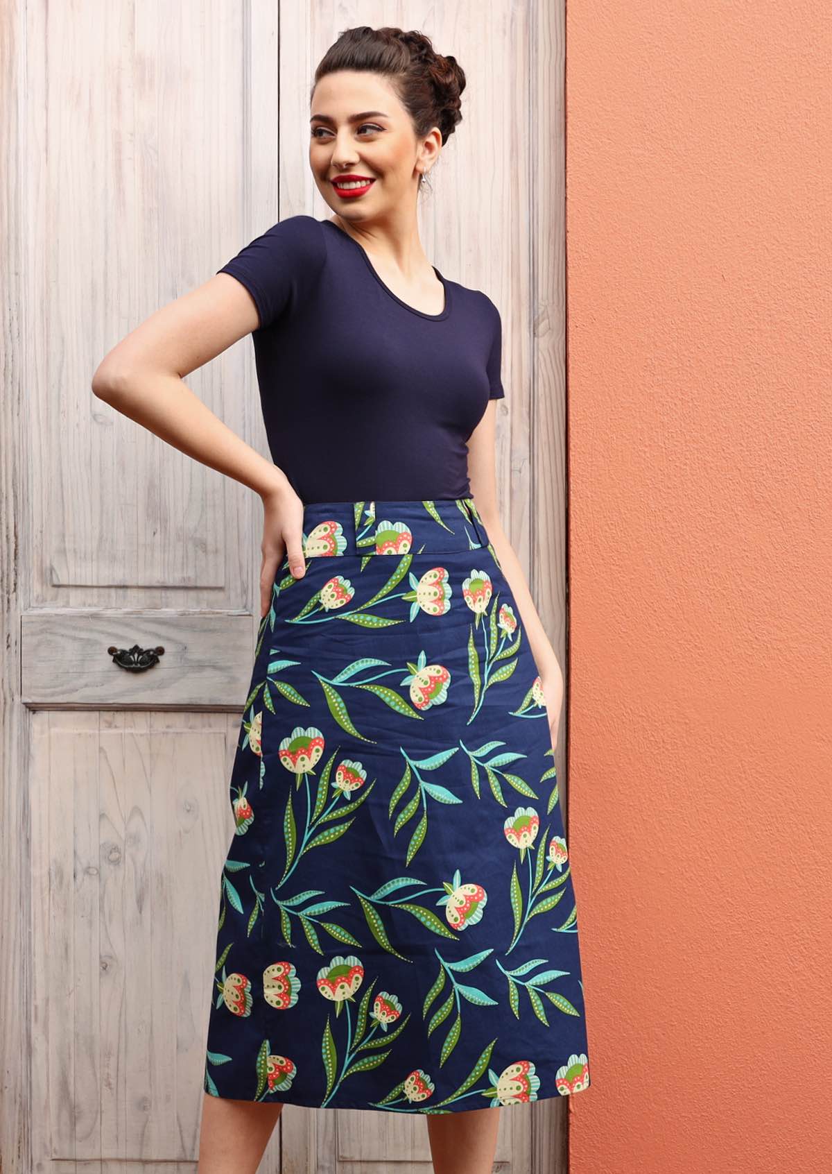 Model wears 100% cotton long skirt.