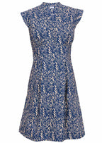 Front mannequin photo of retro style cotton dress with box pleats, cap sleeves, V-neckline and side zip