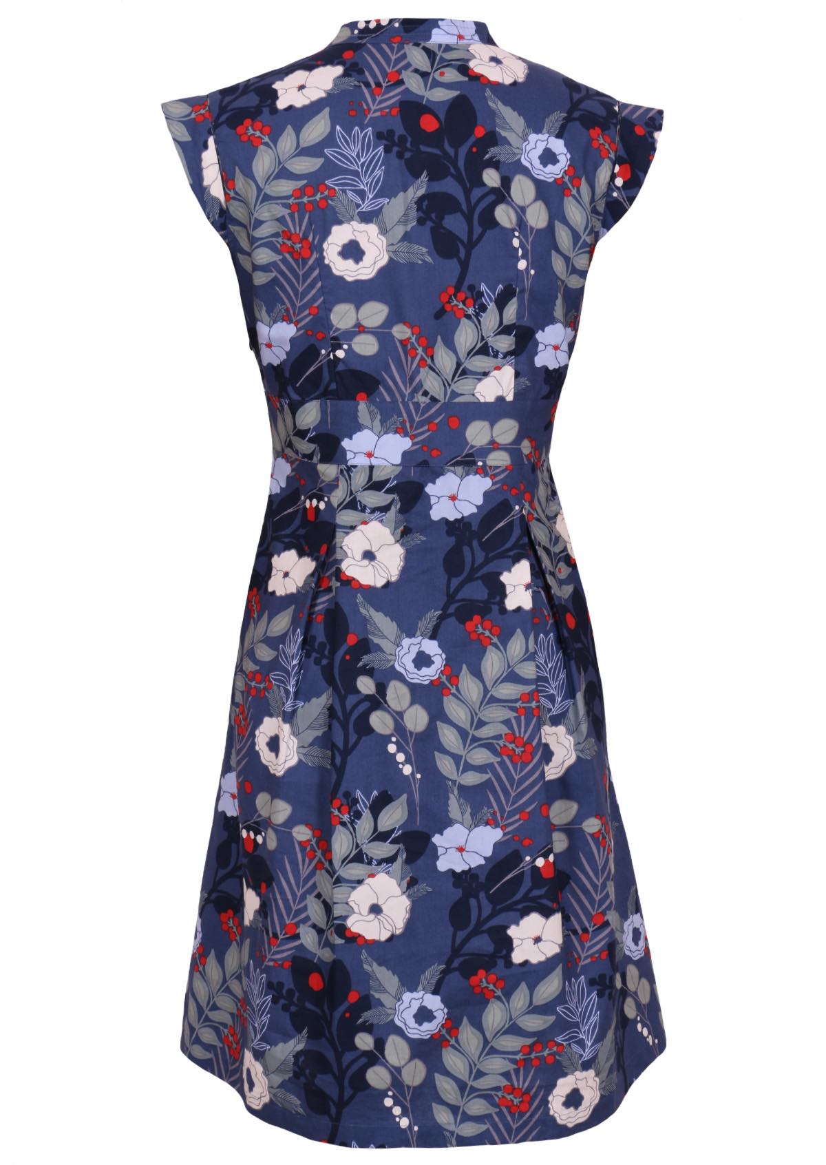 Back mannequin photo of cotton retro blue based floral in grey, white, red and blues