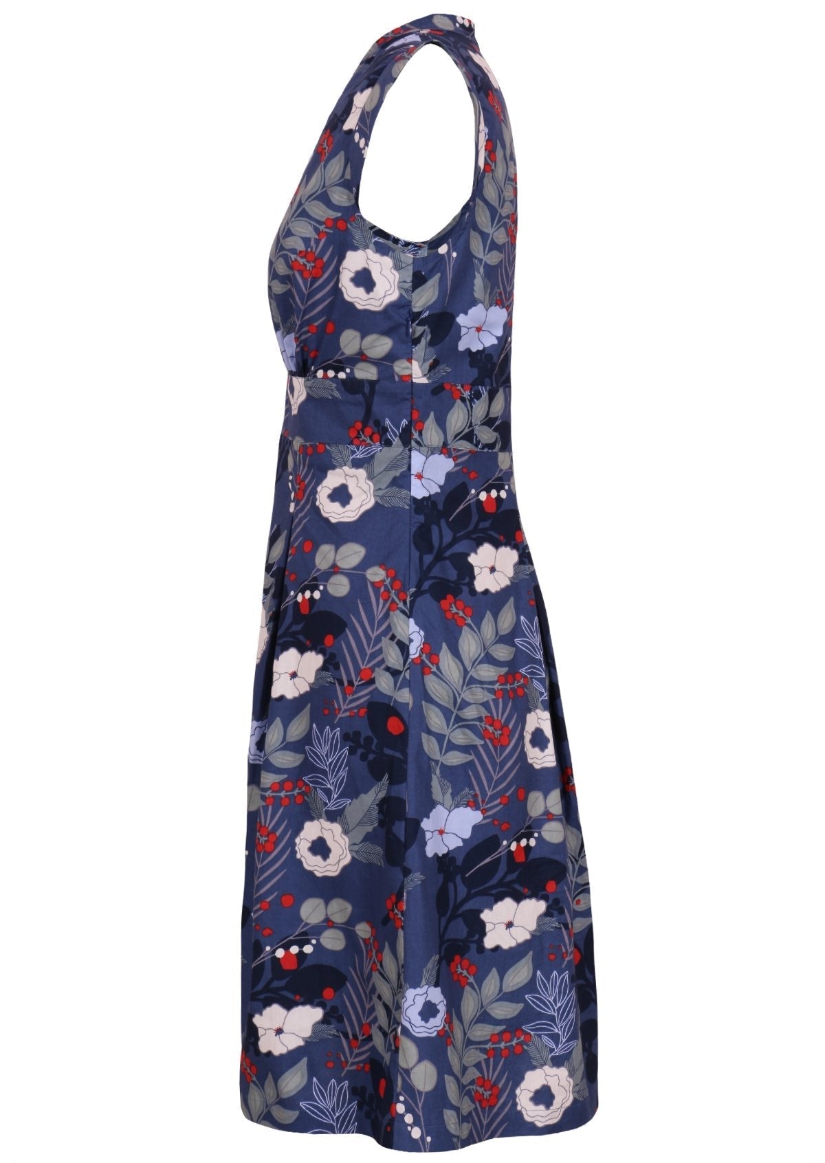 Side mannequin photo of cotton retro blue based floral in grey, white, red and blues