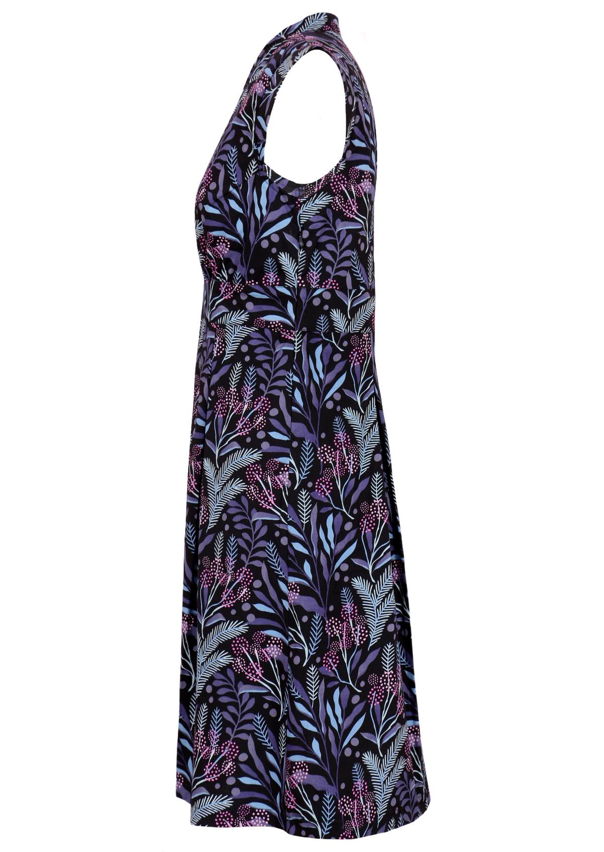 Gorgeous blue, violet and pink floral print on black base cotton retro dress