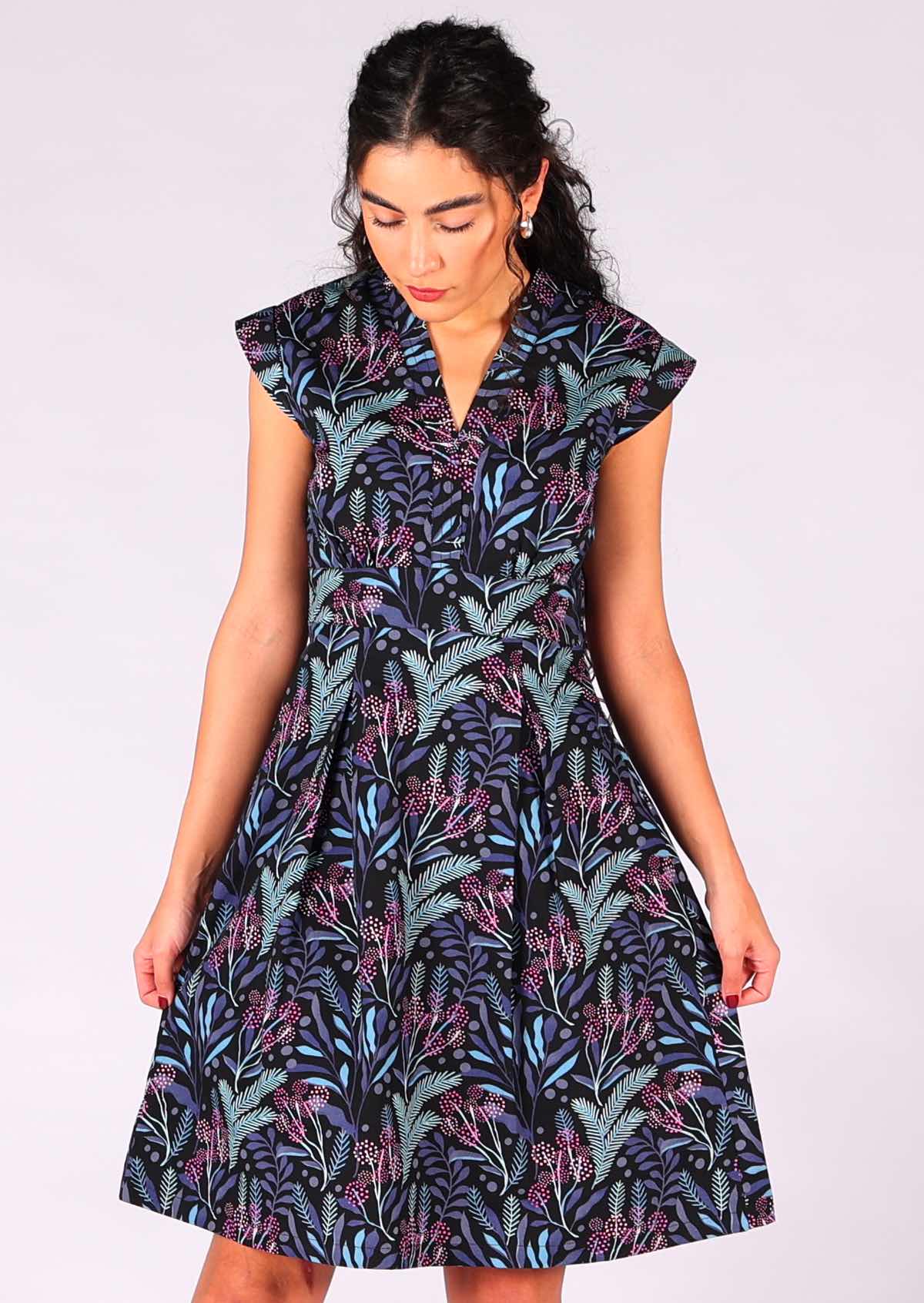 100% cotton retro design dress with stunning botanical print on black base