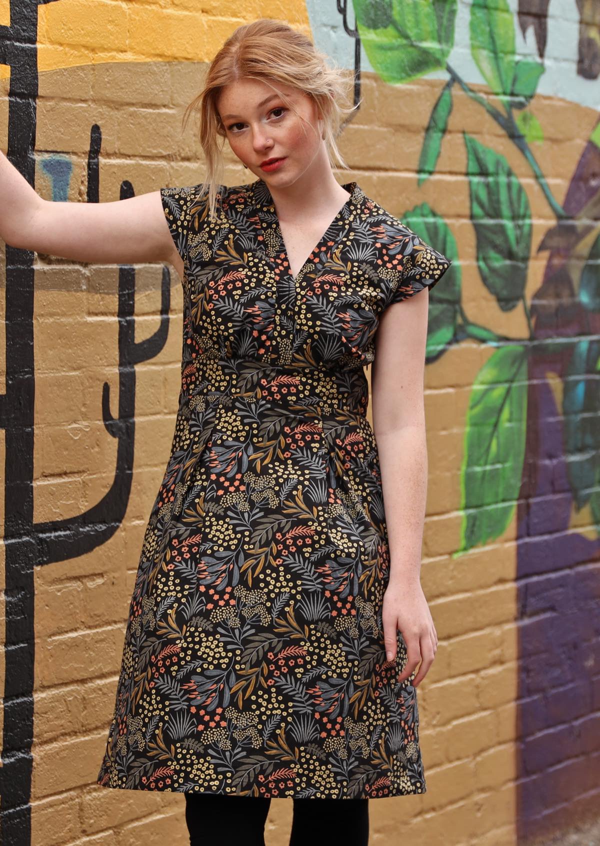 Cotton Billie Dress Earthy Floral Print with cap sleeves, V-neckline and side zip