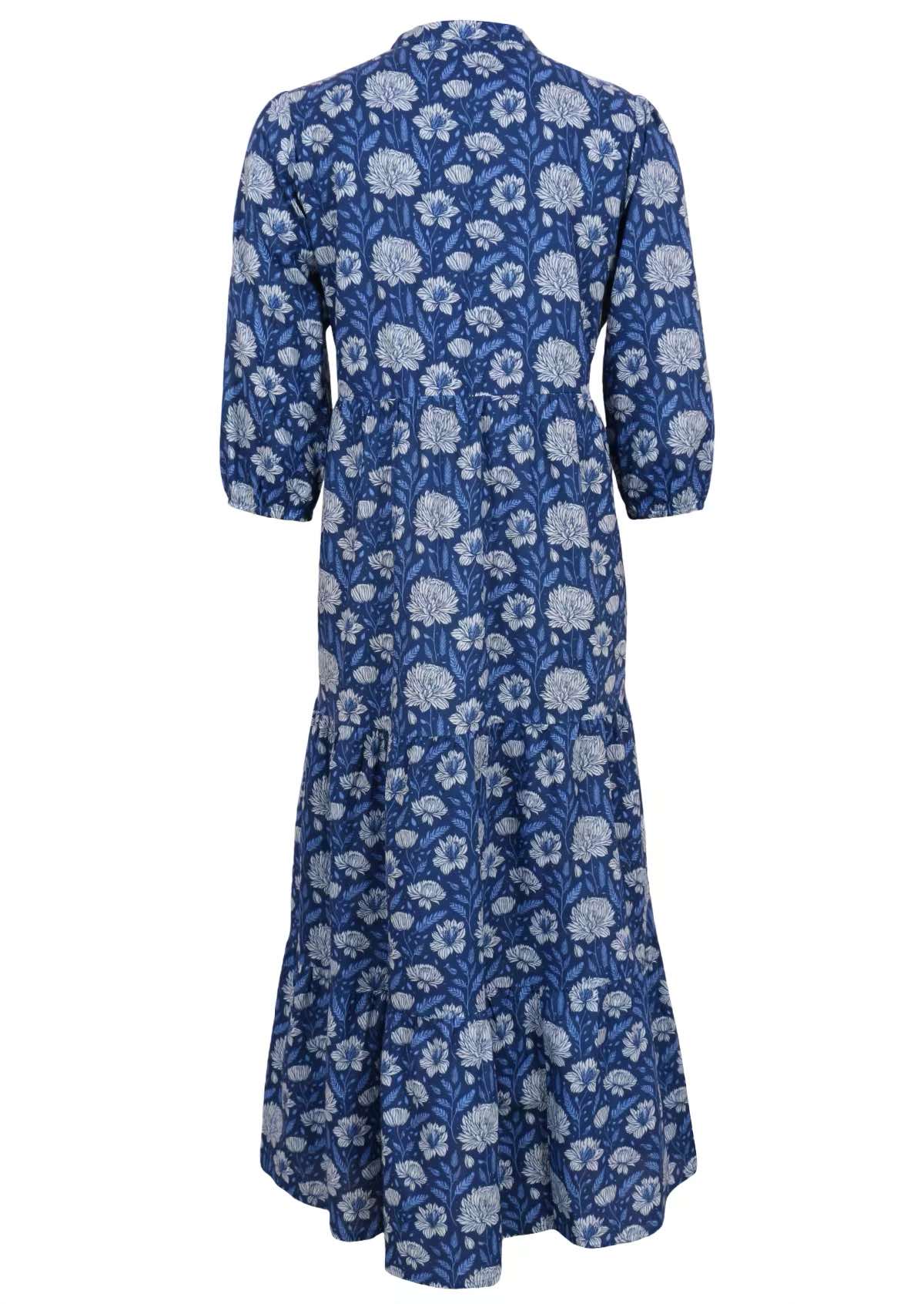 Back mannequin photo of cotton maxi dress with three tiered skirt in blue based pale floral print