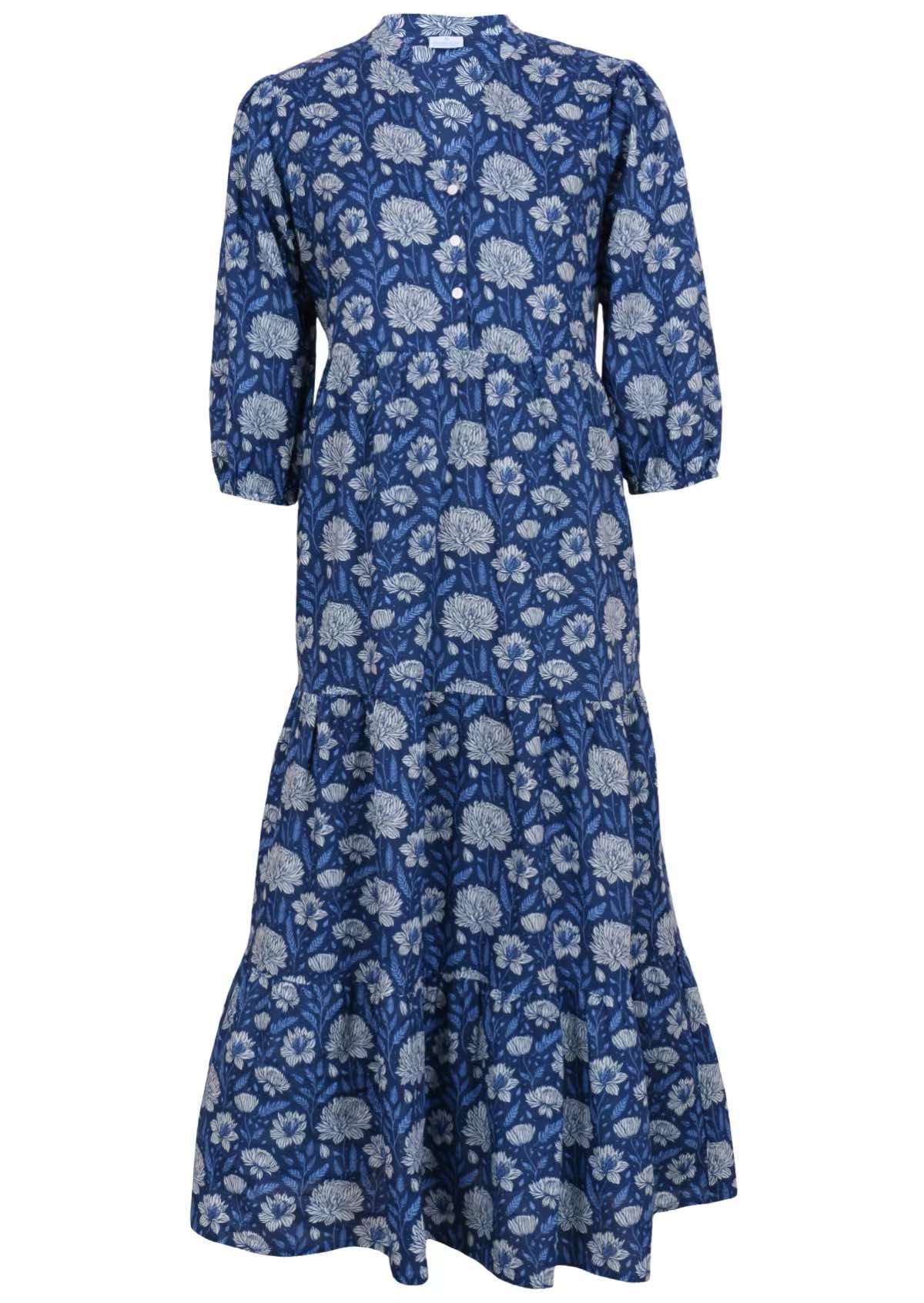 Front mannequin photo of cotton maxi dress with buttoned bodice in blue based pale floral print